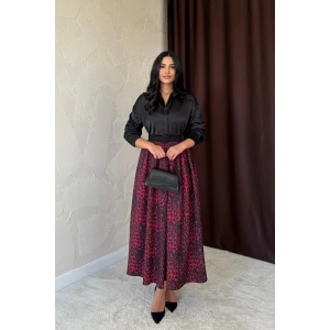 Bordo Leopar Büzgülü Uzun Etek