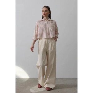 Çift Pileli Palazzo Pantolon  Natür