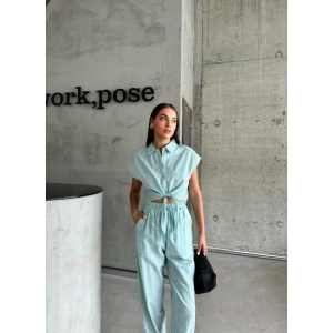 ÇİZGİİ KETEN KOUZ CROP PANTOON TAKI  Yeşil