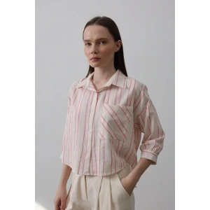 Çizgili Kısa Gömlek  Bej Pembe