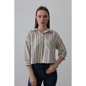 Çizgili Kısa Gömlek  Bejacivert