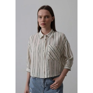 Çizgili Kısa Gömlek  BejYeşil