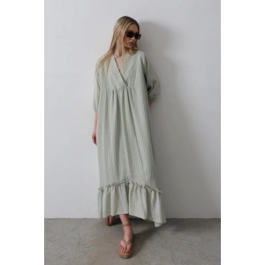 Çizgili Oversize V Yaka Elbise  Haki