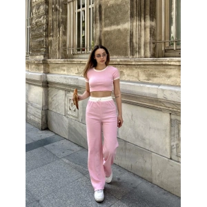 Crop pantolon biyeli takım pembe