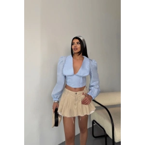 CROP POPLİN GÖMLEK YAKA KENAR DANTEL DETAYLI  Bebe Mavi