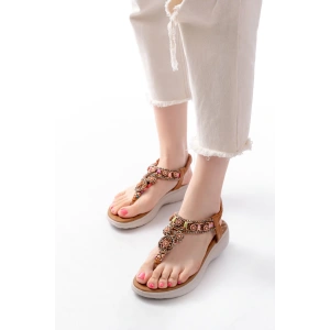 DM-609 Taba Taşlı Arka Lastikli Parmak Arası Kadın Sandalet