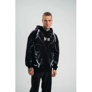 Double Oversize Kapşonlu Şimşek Pano Baskılı SweatShirt  Siyah