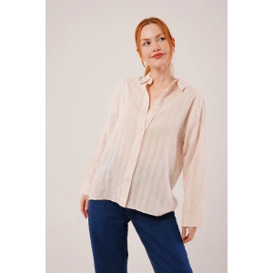 Düğmeli Ve Çizgi Detaylı Krem Gömlek