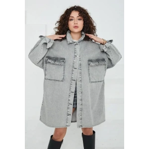 Düz Gömlek Yaka Kadın Gri Kuş Gözü Cepli Kot Ceket