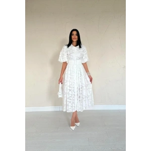 Ekru Kemerli Balon Kollu Elbise