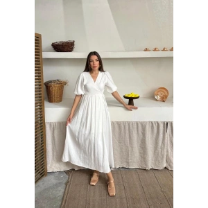 Ekru üslin Uzun Elbise