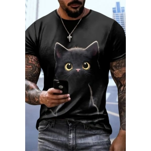 Erkek Bisiklet Yaka Kedi Baskılı Süprem Tshirt