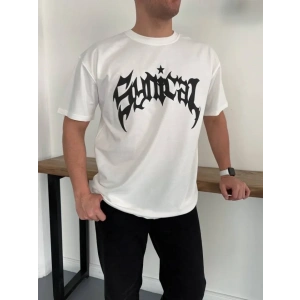 Erkek Bisiklet Yaka Ön Baskılı Kısa Kollu Tişört treetwear Günlük Basic Pamuklu Tshirt  Beyaz