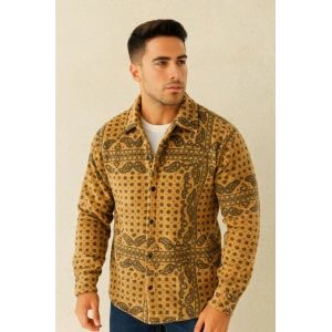 Erkek Desenli Düğmeli Polar Gömlek – Hardal Paisley Desen Yakalı, Uzun Kollu, Oversize Rahat Kalıp  arı