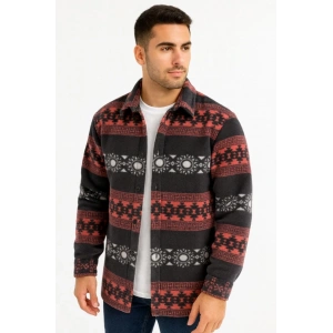 Erkek Desenli Polar Gömlek – Etnik Şerit Desen Yakalı, Uzun Kollu, Düğmeli, Oversize Rahat Kalıp  Füme