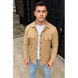 Erkek Diagonal Kumaş Cepli Çıtçıtlı Uzun Kollu, Gömlek Oversize Rahat Kalıp Günlük Şık til  Bej