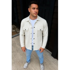 Erkek Diagonal Kumaş Cepli Çıtçıtlı Uzun Kollu, Gömlek Oversize Rahat Kalıp Günlük Şık til  Beyaz
