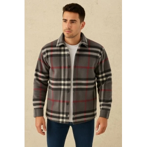 Erkek Ekose Desenli Düğmeli Polar Yakalı Uzun Kollu Gömlek Oversize Rahat Kalıp  Füme