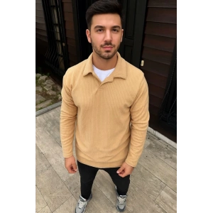 Erkek Fitilli Polar weatshirt – Düğmesiz Polo Yaka, Oversize Rahat Kalıp, Kalın Polar Kumaş, Kışlık Ve Baharlık Şık Günlük Üst  Bej