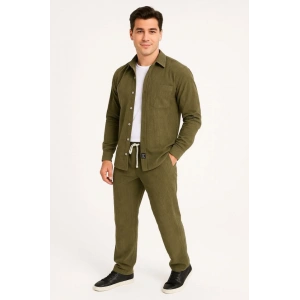 Erkek Kadife Oversize Takım – Gömlek Ve Pantolon İkili et Füme Corduroy Şıklığı, Rahat Ve Zarif Duruş Yumuşak Dokulu Kadife Kumaş, Düğmeli Gömlek Üst Ve astikli Pantolon Alt Parça Ile Gün Boyu Konfor Haki