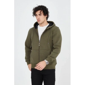 Erkek Kapüşonlu Düz Fermuarlı Hırka  Yeşil