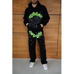 Erkek Kapüşonlu Eşofman Takım Örümcek Ağı Ve Neon Yeşil Baskılı Kanguru Cepli Oversize Rahat Kalıp, Premium Üç İplik Kumaş  iyah