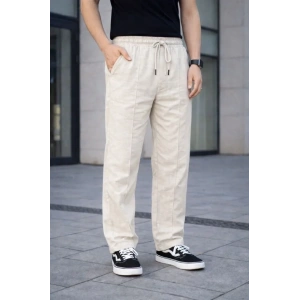 Erkek Keten Cepli Çıma Dikişli Jogger Buggy Pantalon Rahat Kalıp  Krem