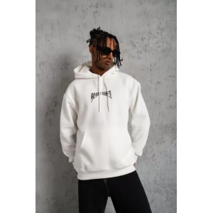 Erkek Kordon İpli Baskılı Kapüşonlu weatshirt  Beyaz
