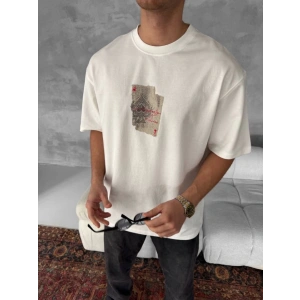 Erkek Ön Ve Arka Baskılı Oversize Bisiklet Yaka Tshirt  Beyaz