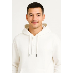 Erkek Ovarsize Kapüşonlu wetshirt Kanguru Çepli Cıtcıtlı 3 Iplik Şardonlu Hoodie  Beyaz