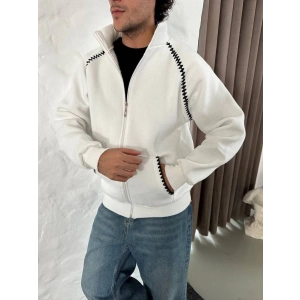 Erkek Oversize Dik Yaka Fermuarlı weatshirt  Zincir Nakışli Kanguru Cepli  Beyaz