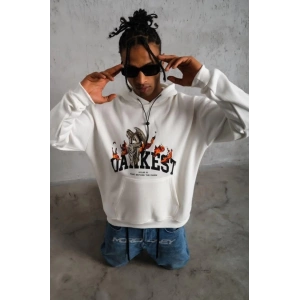 Erkek Oversize Kapüşonlu weatshirt – Beyaz Renk Üç İplik İçi Pamuklu Kanguru Cepli Baskılı Hoodie Rahat Kalıp Kışlık Günlük Kombinlere Uygun  Beyaz