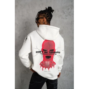 Erkek Oversize Üç İplik Kapüşonlu weatshirt – “Don’t Be Terrified” Ön, ırt Ve Kol Baskılı, Kanguru Cepli, Ribanalı Rahat odel  Beyaz