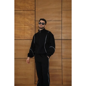 Erkek Premium Parçalı Eşofman Takım  Dik Yaka Fermuarlı Biyeli weatshirt astik Paça Alt, Oversize 3 Iplik Şardonlu  iyah