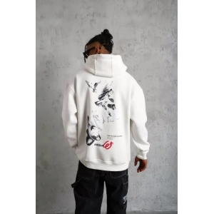 Erkek Şapkalı Güvercin Baskılı Kapşonlu weat  Beyaz