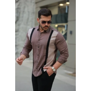 Erkek şerit Detaylı Uzun Kollu Pamuklu Keten Gömlek