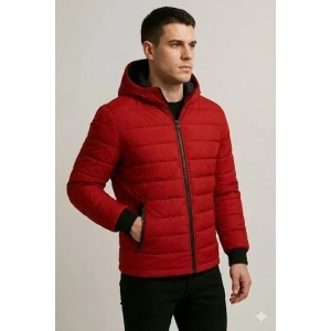Erkek Şişme Kapüşonlu Fermuarlı ont u Itici Kapitone Astarlı Kumaş Cepli Kışlık Rahat Kalıp  Kırmızı