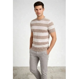 Erkek Tshirt Çizgili Triko Dokuma Bisiklet Yaka Tişört  Bej