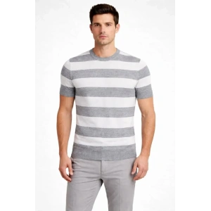Erkek Tshirt Çizgili Triko Dokuma Bisiklet Yaka Tişört  Gri