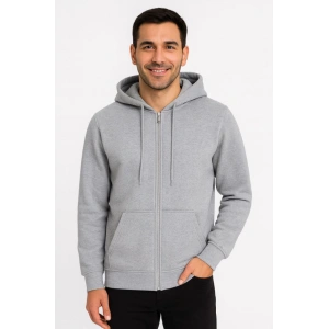 Erkek Üç İplik Kapüşonlu Tam Fermuarlı Kanguru Çepli weathirt Hoodie  Gri