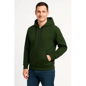 Erkek Üç İplik Kapüşonlu Tam Fermuarlı Kanguru Çepli weathirt Hoodie  Haki