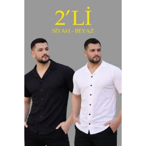 Erkek Waffle Dokuma Açık Yakalı Düğmeli Regular Kalıp 2’li Gömlek eti  iyah  Beyaz