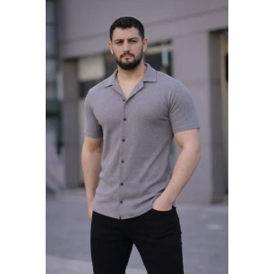 Erkek Waffle Kumaş Kısa Kollu Düğmeli Açık Yaka Regular Fit Gömlek  Gri
