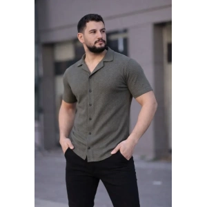 Erkek Waffle Kumaş Kısa Kollu Düğmeli Açık Yaka Regular Fit Gömlek  Haki