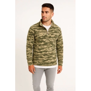 Erkek Yarım Fermuarlı Desenli Polar weat – Haki Kamuflaj Yakalı, Uzun Kollu, Oversize Rahat Kalıp  Haki