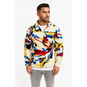 Erkek Yarım Fermuarlı Desenli Polar weat – Renkli Abstract Desen Yakalı, Uzun Kollu, Oversize Rahat Kalıp,   Beyaz