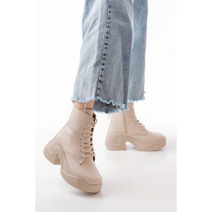 FZ-2550 Bej Yüksek Tabanlı Bağcıklı Fermuarlı Günlük Kadın Bot