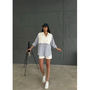 GABARDİN ŞORT  GABARDİN  ÇİZGİİ KETEN GARNİİ CEKET TAKI  acivert