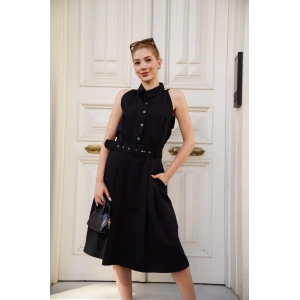 Gömlek yaka kemerli elbise siyah s255061
