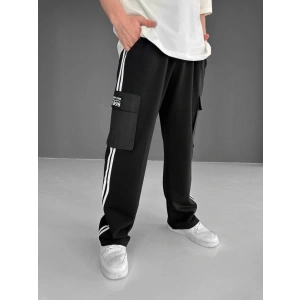 İki İplik Kumaş Kargo Cepli Şeritli Alt Esofman  iyah